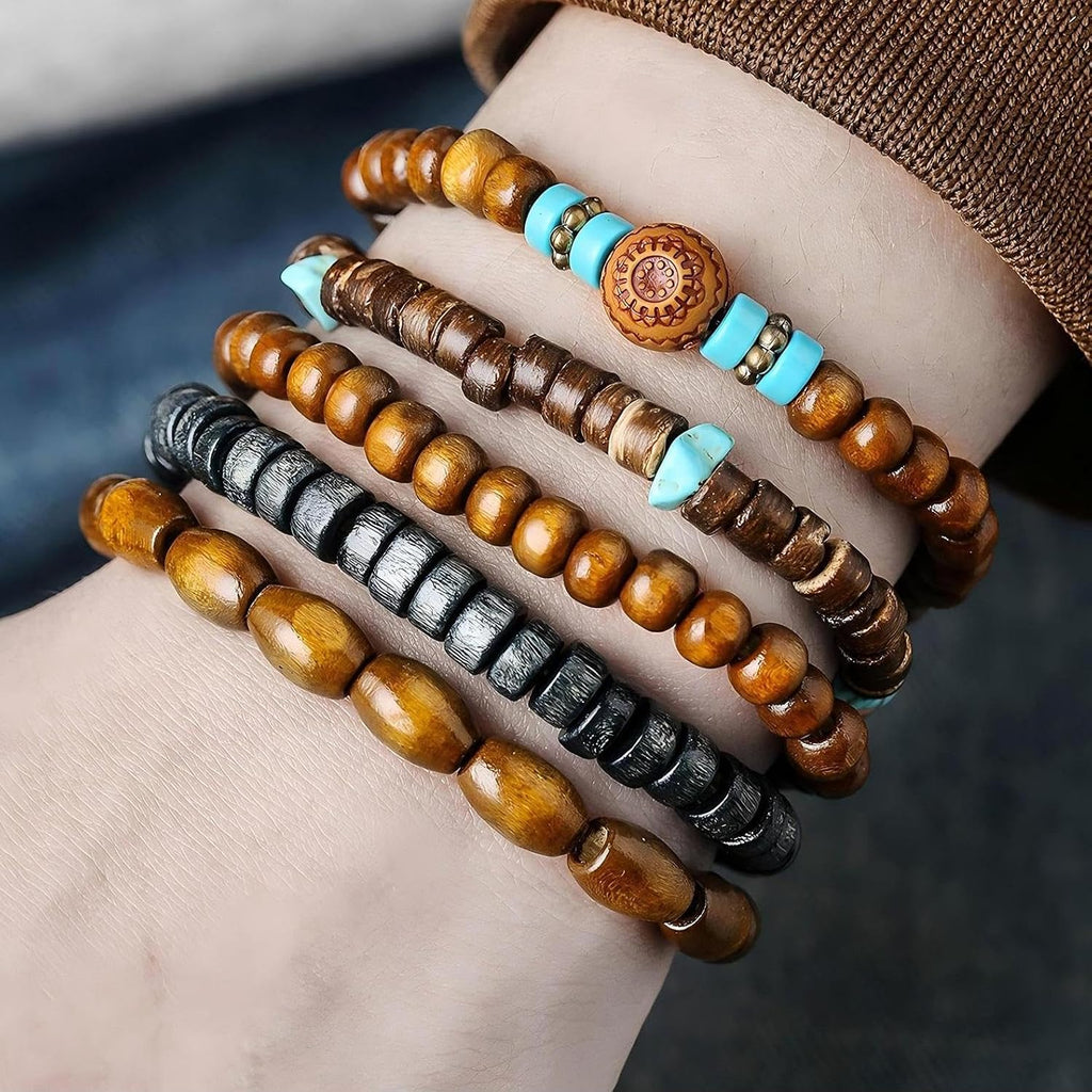 Puka Shell Bracelet for Men Wooden Bracelets Turquoise Stack Beaded Minimalist Trendy Jewelry for Friend Gift