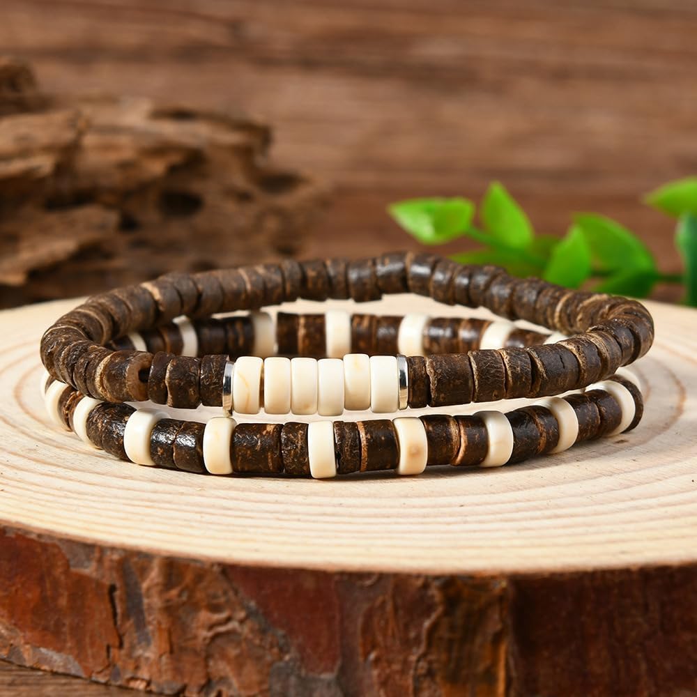 Puka Shell Bracelet for Men Wooden Bracelets Turquoise Stack Beaded Minimalist Trendy Jewelry for Friend Gift