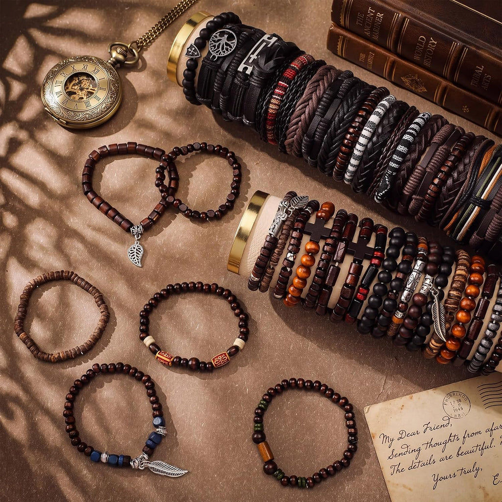 48 Pcs Punk Wooden Beads Bracelets, Gothic Bracelet for Men