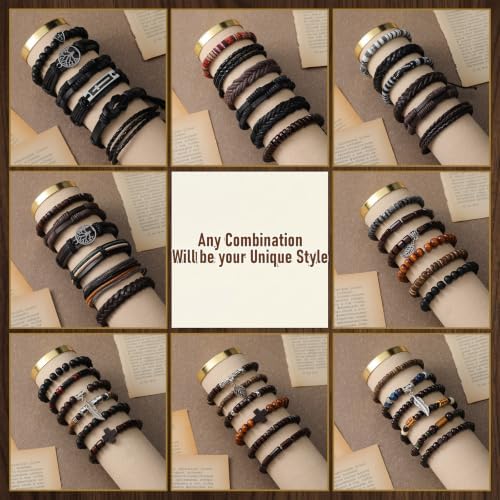 48 Pcs Punk Wooden Beads Bracelets, Gothic Bracelet for Men