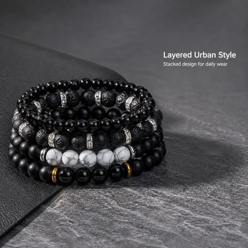 Men's Natural Stone Beaded Bracelet Set, 4 Pcs Stretch Stacking Bracelets with Lava Rock, Onyx, Tiger Eye, Howlite Beads