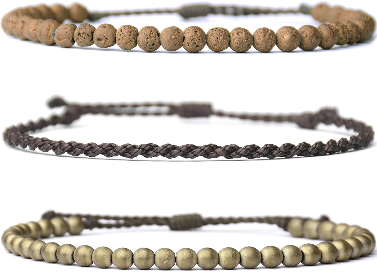 3 Pcs Handmade Natural Gemstone Beaded Bracelet, Adjustable Waterproof Rope Bracelet Set