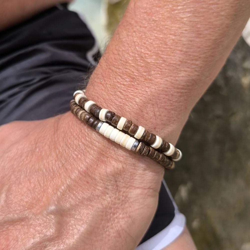 Puka Shell Bracelet for Men Wooden Bracelets Turquoise Stack Beaded Minimalist Trendy Jewelry for Friend Gift