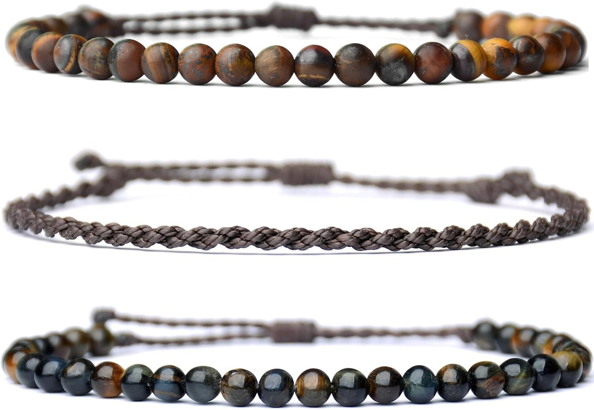 3 Pcs Handmade Natural Gemstone Beaded Bracelet, Adjustable Waterproof Rope Bracelet Set