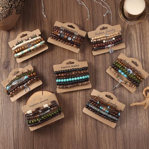 41/44 PCS Wooden Beaded Bracelets for Men, Larger Size Adjustable Punk Braided Wooden Bracelet, Bulk Wood Bangles Wristbands
