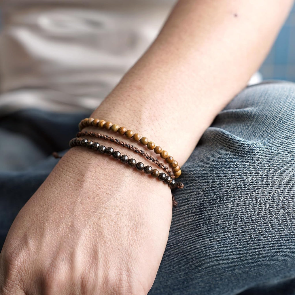 3 Pcs Handmade Natural Gemstone Beaded Bracelet, Adjustable Waterproof Rope Bracelet Set