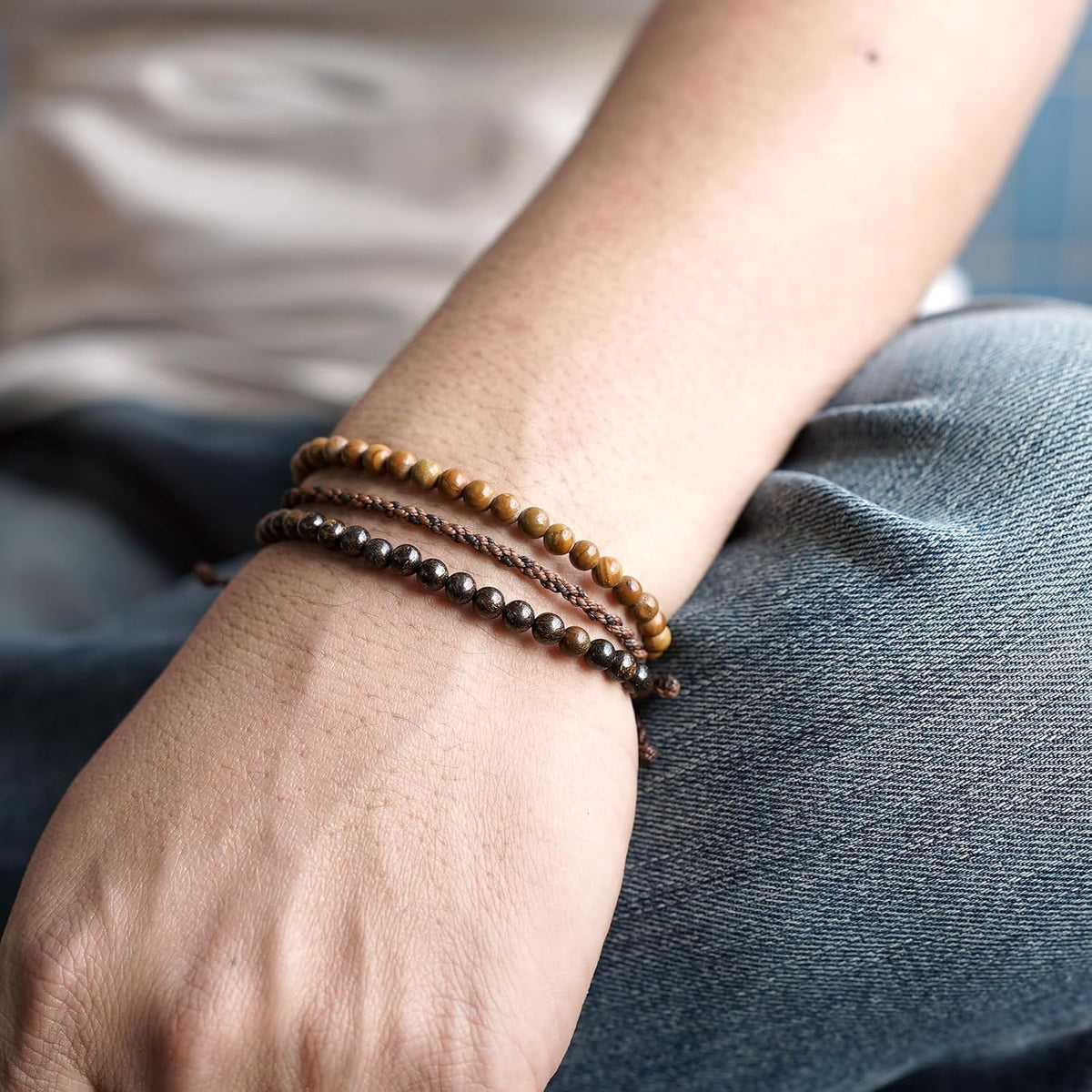 3 Pcs Handmade Natural Gemstone Beaded Bracelet, Adjustable Waterproof Rope Bracelet Set